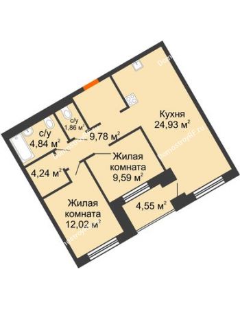 2 комнатная квартира 66,26 м² в ЖК DOK (ДОК), дом ГП-1.2