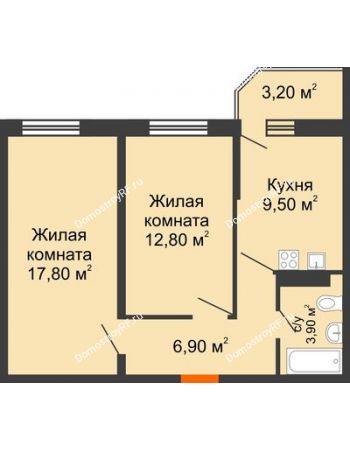2 комнатная квартира 51,9 м² в ЖК Олимпийский, дом Литер 1
