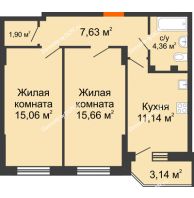 2 комнатная квартира 56,69 м² в ЖК Свобода, дом №2 - планировка