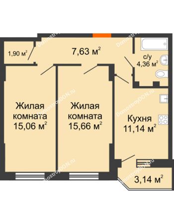 2 комнатная квартира 56,69 м² в ЖК Свобода, дом №2
