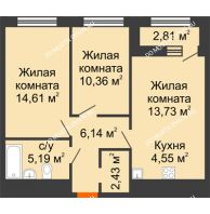 2 комнатная квартира 58,42 м² в ЖК Дом на Набережной, дом № 1 - планировка