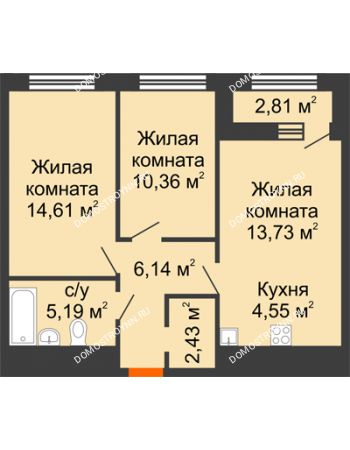 2 комнатная квартира 58,42 м² в ЖК Дом на Набережной, дом № 1