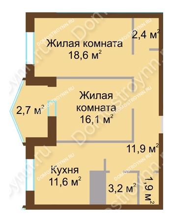 2 комнатная квартира 68,4 м² в ЖК Монолит, дом № 89, корп. 1, 2
