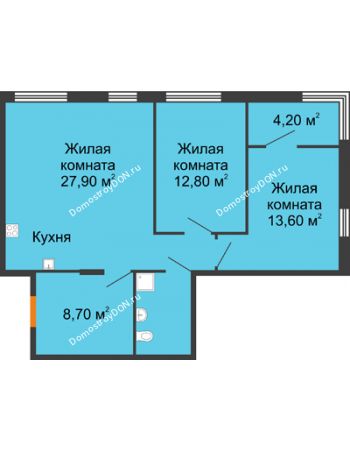 3 комнатная квартира 72,3 м² - ЖК Островский