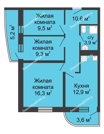 3 комнатная квартира 66,5 м² в ЖК Звезда Столицы, дом Литер 2