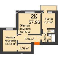 2 комнатная квартира 57,96 м² в Микрорайон Нанжуль-Солнечный, дом дом 6 - планировка