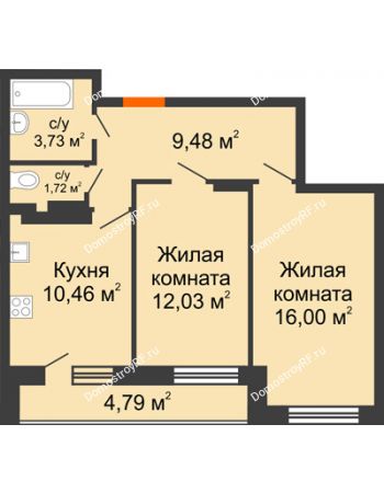 2 комнатная квартира 58,23 м² в ЖК Виктория, дом № 52