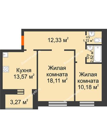2 комнатная квартира 61,7 м² в ЖК Троицкий, дом № 1