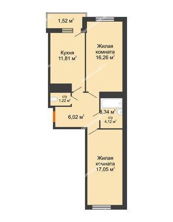 2 комнатная квартира 60,74 м² в ЖК Поколение, дом Литер 2