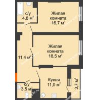2 комнатная квартира 69,6 м², ЖК Космолет - планировка