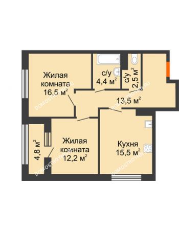2 комнатная квартира 67 м² в ЖК Цветы 2, дом № 7