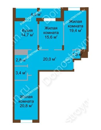 3 комнатная квартира 102,5 м² в ЖК Монолит, дом № 89, корп. 1, 2