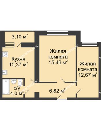 2 комнатная квартира 50,87 м² в ЖК Удачный, дом № 3