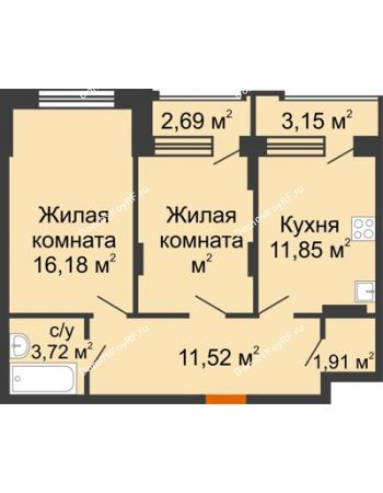 2 комнатная квартира 56,46 м² в ЖК Суворов-Сити, дом 2 очередь секция 1-5