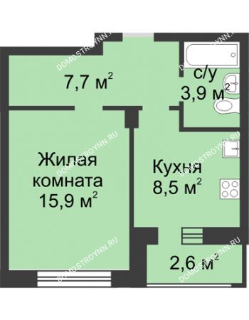 1 комнатная квартира 37,3 м² в ЖК Аквамарин, дом № 7