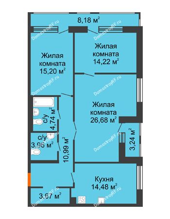 3 комнатная квартира 97,7 м² в ЖК Бунин, дом 1 этап, секции 11,12,13,14