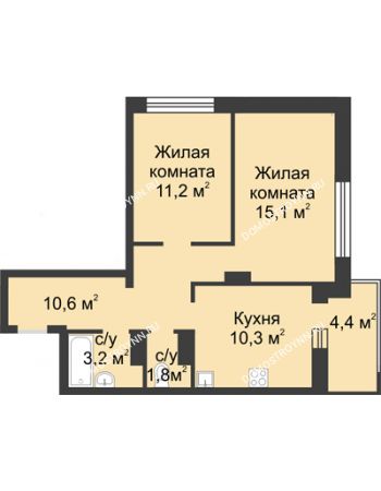 2 комнатная квартира 54,6 м² в ЖК Аквамарин, дом №2