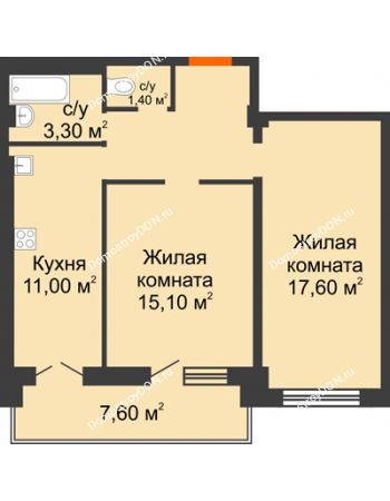 2 комнатная квартира 63,5 м² в ЖК Парк Островского 2, дом № 1