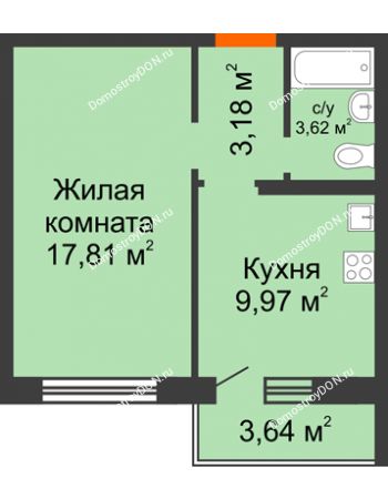 1 комнатная квартира 35,67 м² в ЖК Платовский, дом Литер 18