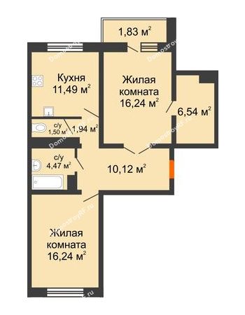 2 комнатная квартира 70,37 м² в ЖК Мой город, дом Литер 3