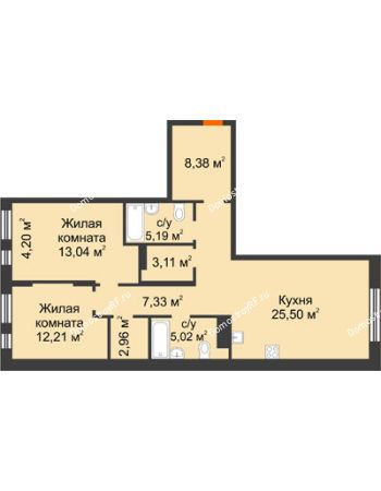 2 комнатная квартира 92,28 м² в ЖК Скандиа. Квартал у реки, дом 2 этап. секция 1.4