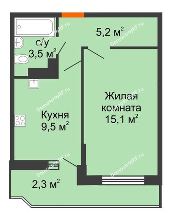 1 комнатная квартира 35,6 м² - ЖК Акварели-3
