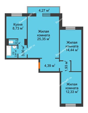 3 комнатная квартира 75,08 м² в ЖК Плодово-Ягодный, дом № 1