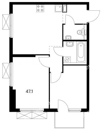 2 комнатная квартира 47,1 м² в ЖК Савин парк, дом корпус 3