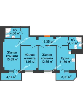 3 комнатная квартира 82,94 м² в ЖК Горизонт, дом № 2