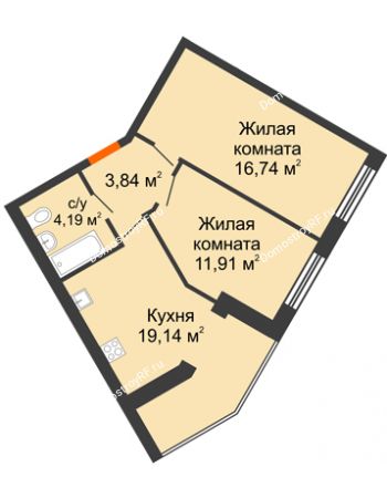 2 комнатная квартира 55,28 м² в ЖК Бунина парк, дом 3 этап, блок-секция 3 С