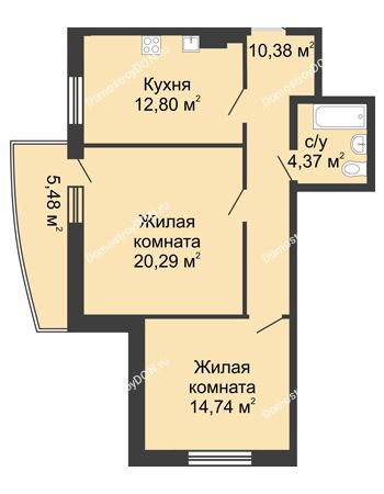 2 комнатная квартира 68,06 м² в ЖК Тихий Дон, дом № 2