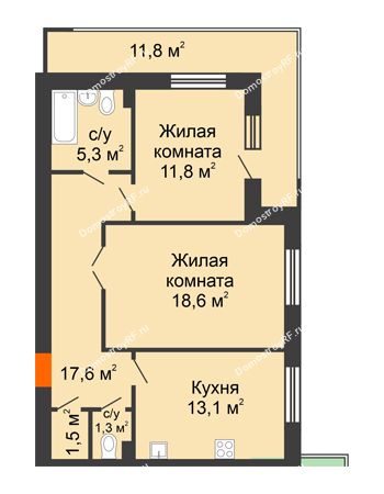2 комнатная квартира 76 м² в ЖК Квартал Перемен	, дом ГП-1