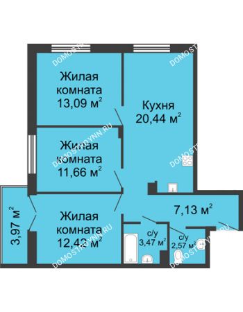 3 комнатная квартира 71,97 м² в ЖК Клевер, дом № 2