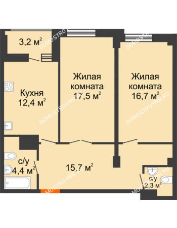 2 комнатная квартира 70,6 м² в ЖК Квартет, дом № 3