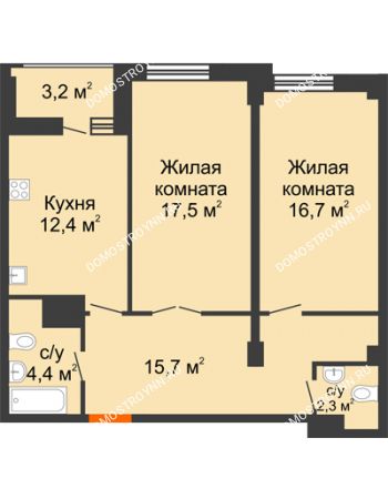 2 комнатная квартира 70,6 м² в ЖК Квартет, дом № 3