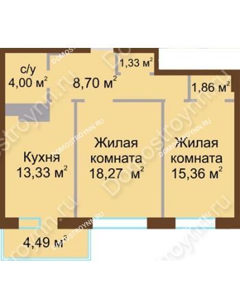 2 комнатная квартира 65,1 м² в ЖК Дворянский, дом № 1