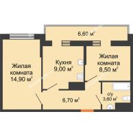 2 комнатная квартира 42,7 м² в ЖК Грани, дом Литер 3 - планировка