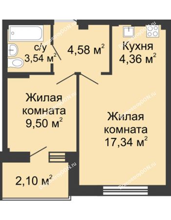 2 комнатная квартира 41,65 м² в ЖК Соловьиная роща, дом № 2