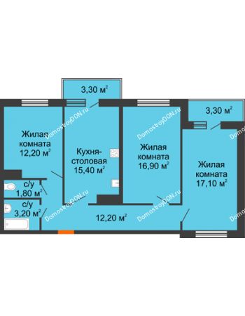 3 комнатная квартира 81,45 м² в ЖК SkyPark (Скайпарк), дом Литер 2, 3 этап