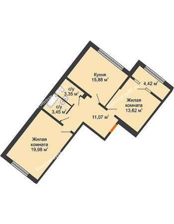 2 комнатная квартира 69,56 м² - ЖК Сердце