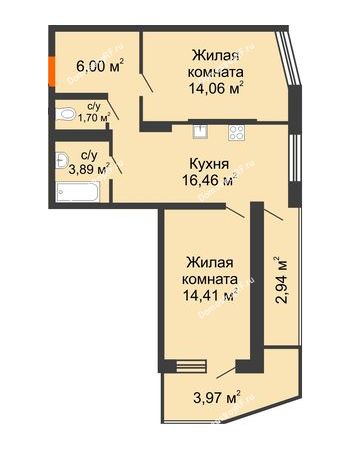 2 комнатная квартира 63,43 м² в ЖК Мозаика, дом Литер 4