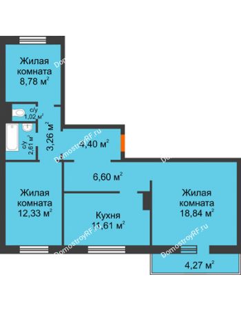 3 комнатная квартира 70,73 м² в ЖК Плодово-Ягодный, дом № 1