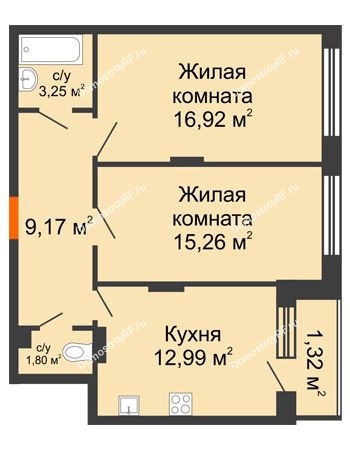 2 комнатная квартира 60,89 м² в ЖК Суворов-Сити, дом 1 очередь секция 6-13