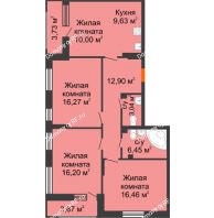 3 комнатная квартира 94,74 м², ЖД Жизнь - планировка