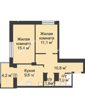 2 комнатная квартира 53,8 м² в ЖК Аквамарин, дом №2