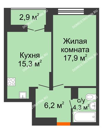 1 комнатная квартира 45,15 м² в ЖК Заречье, дом № 1, секция 1