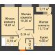 2 комнатная квартира 58,57 м² в ЖК Дом на Набережной, дом № 1 - планировка