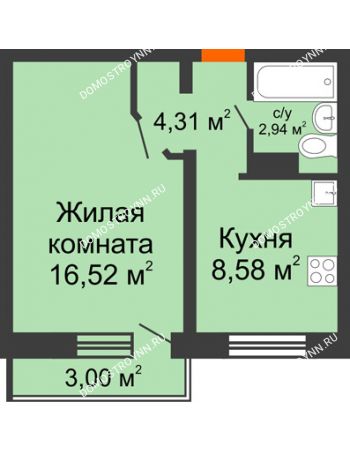 1 комнатная квартира 35,39 м² в ЖК Торпедо, дом № 18
