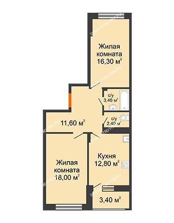 2 комнатная квартира 66,2 м² в ЖК Цветы 2, дом № 4
