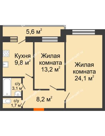 2 комнатная квартира 62,9 м² в ЖК Акварель, дом №5